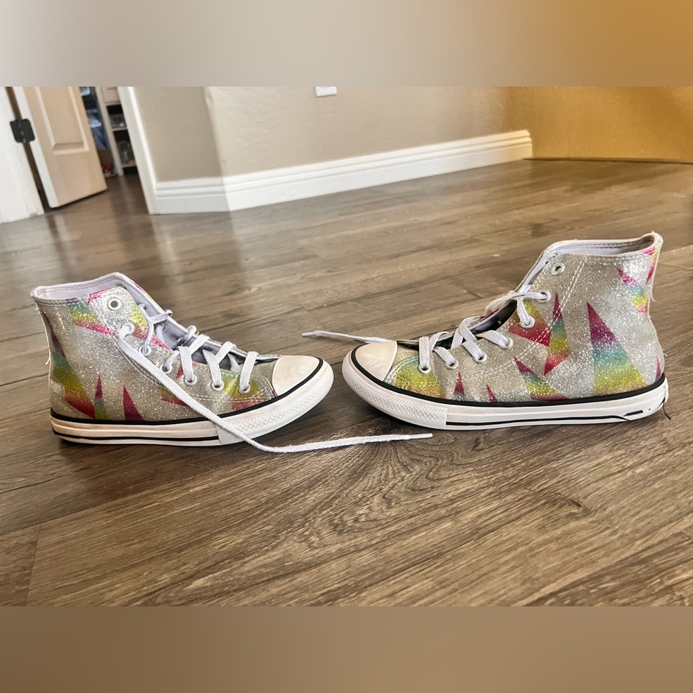 Kids High Top Converse Sz 3 Silver Glitter with Colorful Pattern.